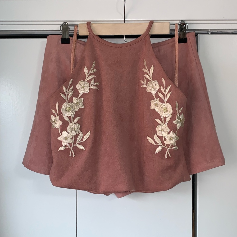 She + Sky Two Piece Blush Suede Set